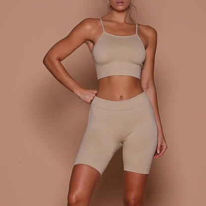 Sportswear Seamless Solid Yoga Suit Women Gym Clothes Cami Crop Top High Waist Shorts Tracksuit Fitness Workout Outdoor Set-2