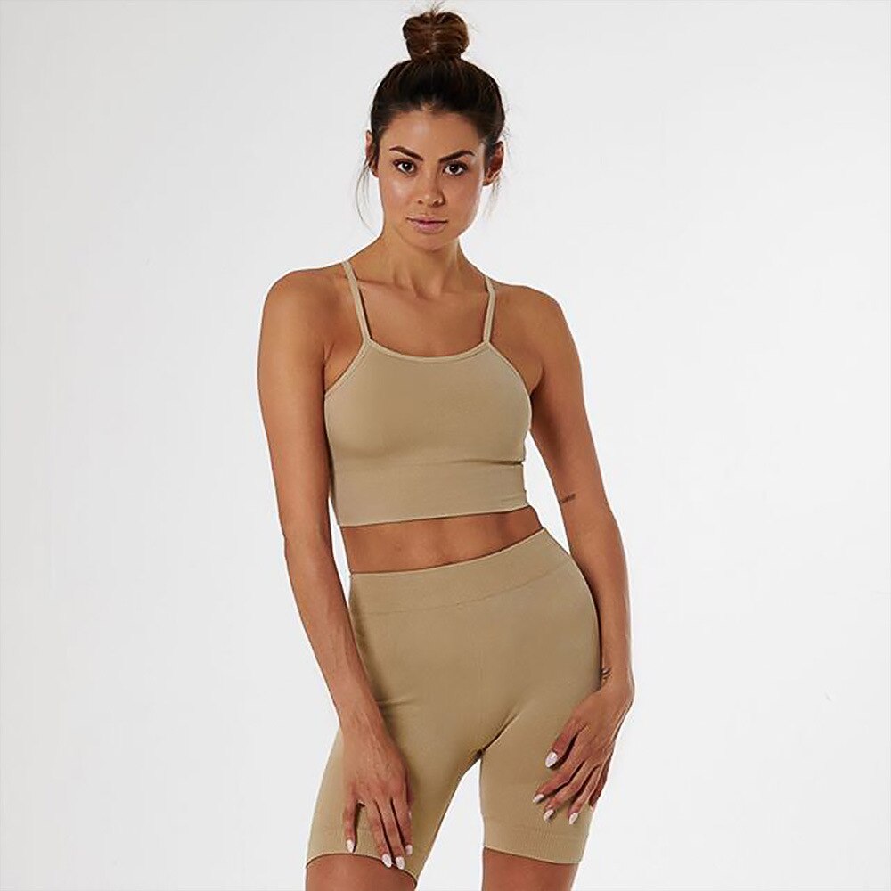Sportswear Seamless Solid Yoga Suit Women Gym Clothes Cami Crop Top High Waist Shorts Tracksuit Fitness Workout Outdoor Set-3
