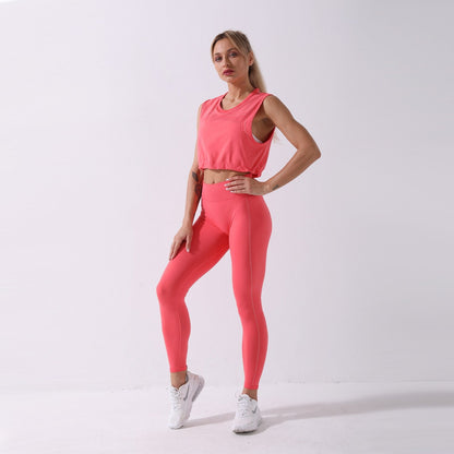 Sportswear Yoga Set Women GYM Clothing Solid Loose Tank Drawstring Crop Top Leggings Set Workout Running Fitness Tracksuit-16