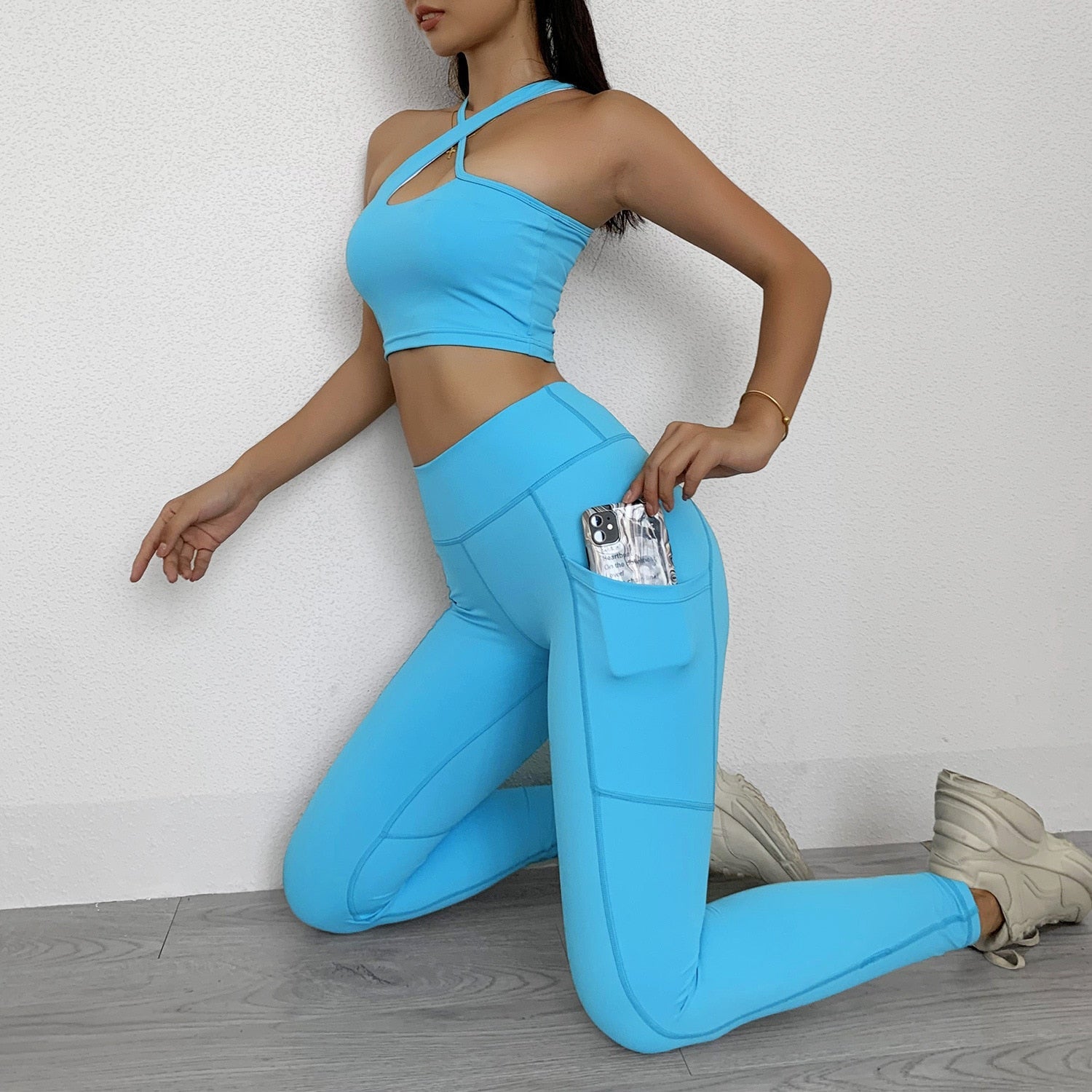 Seamless Yoga Gym Set Women Tracksuit Fitness Clothing Sportswear Padded Push-up Sports One Shoulder Bra Leggings Workout Set-6