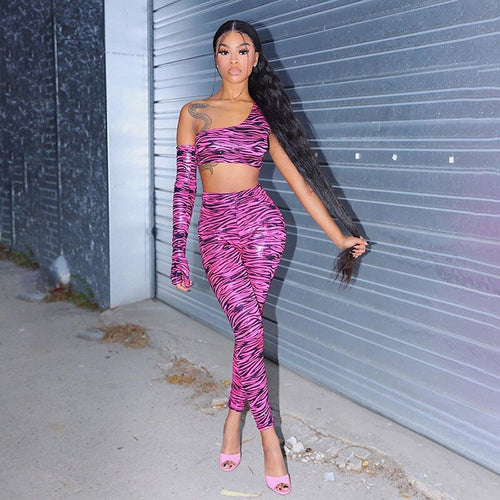 Print One Shoulder Sportswear Set For Women Crop Top Leggings Pants Suit Gym Fitness Jogging Slim Tracksuit Outfits Clothing-0