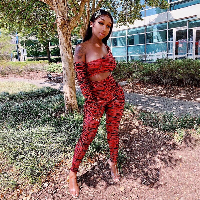 Print One Shoulder Sportswear Set For Women Crop Top Leggings Pants Suit Gym Fitness Jogging Slim Tracksuit Outfits Clothing-5