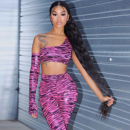 Print One Shoulder Sportswear Set For Women Crop Top Leggings Pants Suit Gym Fitness Jogging Slim Tracksuit Outfits Clothing-6