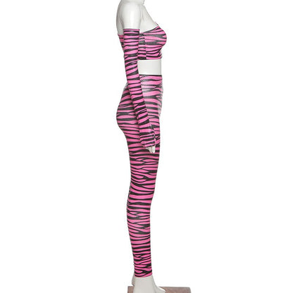 Print One Shoulder Sportswear Set For Women Crop Top Leggings Pants Suit Gym Fitness Jogging Slim Tracksuit Outfits Clothing-2