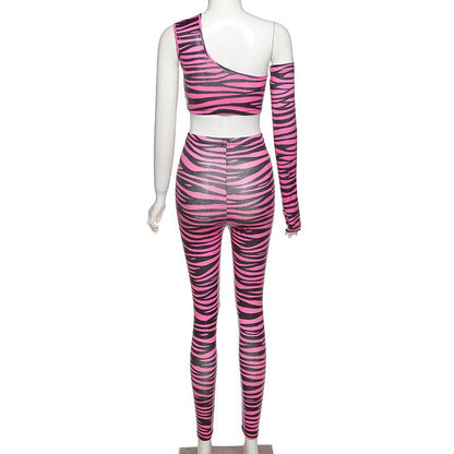 Print One Shoulder Sportswear Set For Women Crop Top Leggings Pants Suit Gym Fitness Jogging Slim Tracksuit Outfits Clothing-3