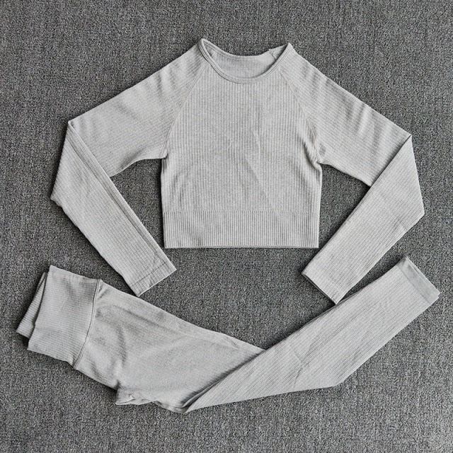 Women's Sportswear Yoga Sets Ribbed Seamless Long Sleeve Workout Clothes for Women High Waist Sports Legging Long Sleeve Top-31