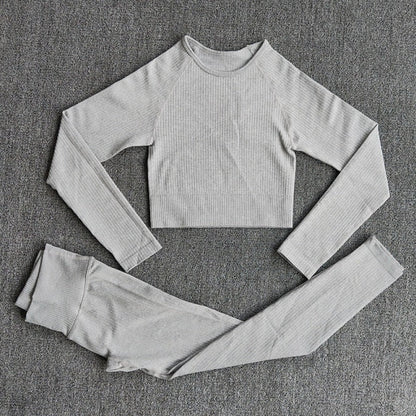 Women's Sportswear Yoga Sets Ribbed Seamless Long Sleeve Workout Clothes for Women High Waist Sports Legging Long Sleeve Top-31