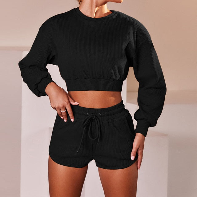 Autumn Solid Sporty Ribbed Tracksuit For Women Long Sleeve Crop Top Shorts Fashion Sportswear Casual Workout Running Jogging Set-2