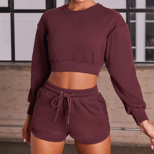 Autumn Solid Sporty Ribbed Tracksuit For Women Long Sleeve Crop Top Shorts Fashion Sportswear Casual Workout Running Jogging Set-9