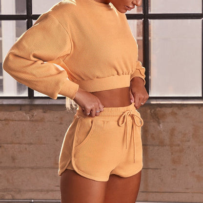 Autumn Solid Sporty Ribbed Tracksuit For Women Long Sleeve Crop Top Shorts Fashion Sportswear Casual Workout Running Jogging Set-7