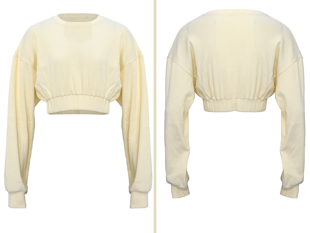 Autumn Solid Sporty Ribbed Tracksuit For Women Long Sleeve Crop Top Shorts Fashion Sportswear Casual Workout Running Jogging Set-1