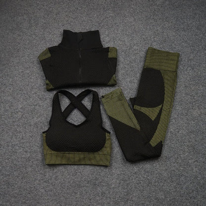 Women Yoga 2/3PCS Seamless Zipper Yoga Suit GYM Workout Sportswear Fitness Clothing Fitness Long Sleeve Top High Waist Set-5