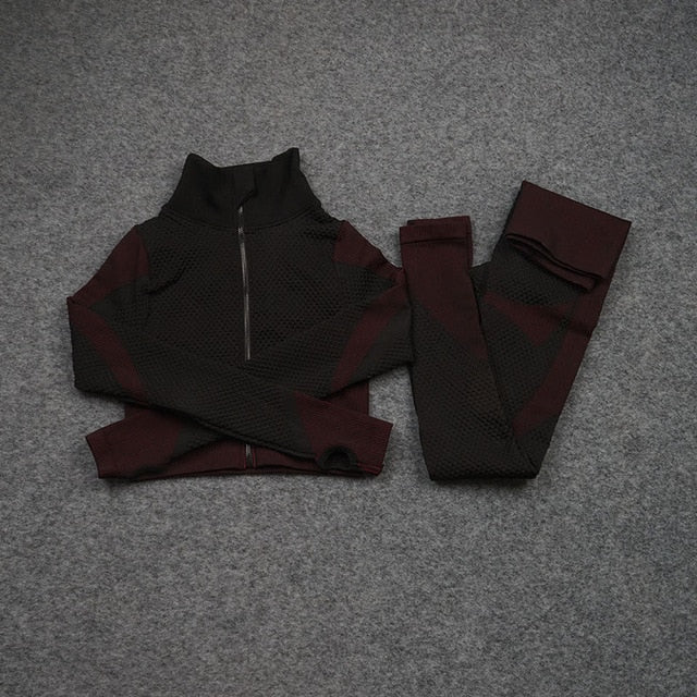 Women Yoga 2/3PCS Seamless Zipper Yoga Suit GYM Workout Sportswear Fitness Clothing Fitness Long Sleeve Top High Waist Set-16