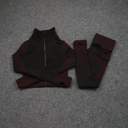 Women Yoga 2/3PCS Seamless Zipper Yoga Suit GYM Workout Sportswear Fitness Clothing Fitness Long Sleeve Top High Waist Set-16