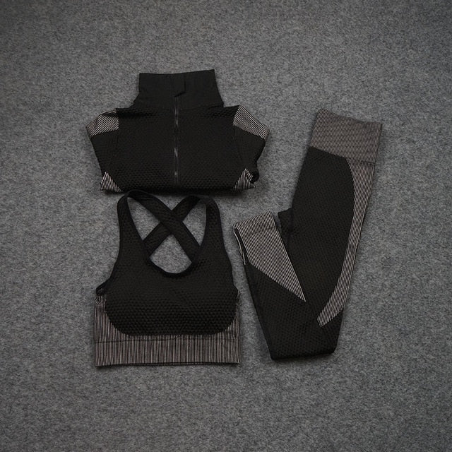 Women Yoga 2/3PCS Seamless Zipper Yoga Suit GYM Workout Sportswear Fitness Clothing Fitness Long Sleeve Top High Waist Set-21