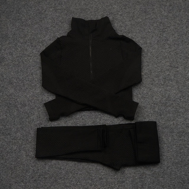 Women Yoga 2/3PCS Seamless Zipper Yoga Suit GYM Workout Sportswear Fitness Clothing Fitness Long Sleeve Top High Waist Set-13