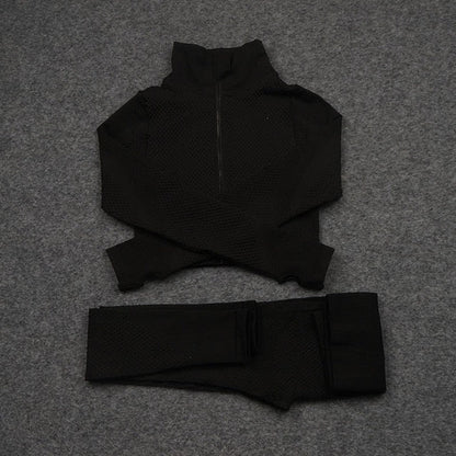 Women Yoga 2/3PCS Seamless Zipper Yoga Suit GYM Workout Sportswear Fitness Clothing Fitness Long Sleeve Top High Waist Set-13