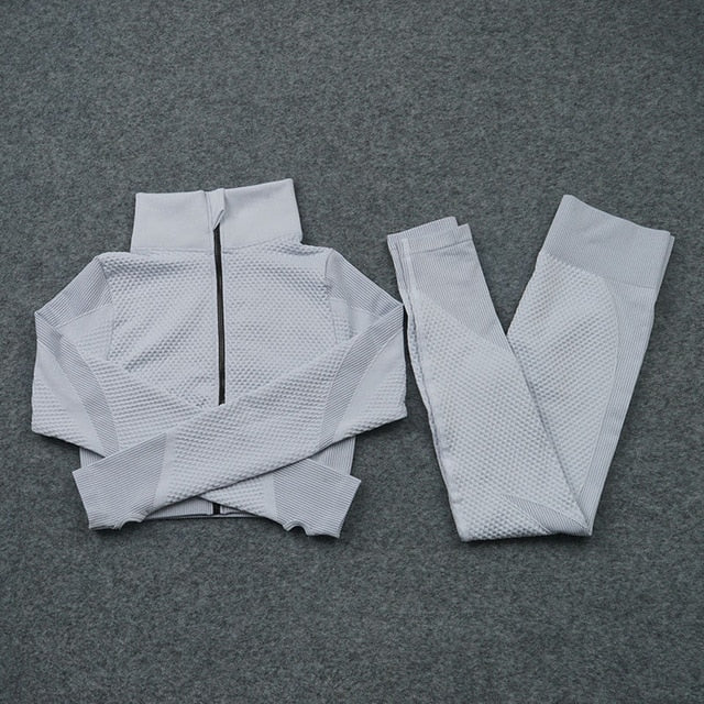 Women Yoga 2/3PCS Seamless Zipper Yoga Suit GYM Workout Sportswear Fitness Clothing Fitness Long Sleeve Top High Waist Set-15