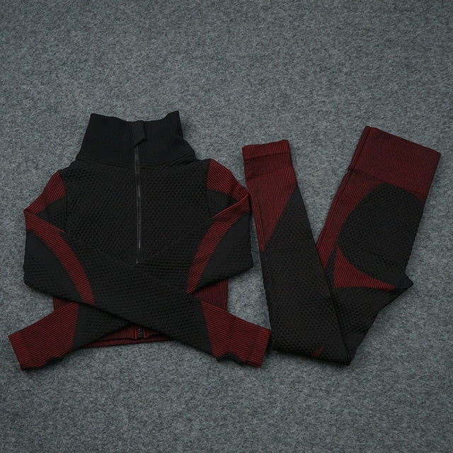 Women Yoga 2/3PCS Seamless Zipper Yoga Suit GYM Workout Sportswear Fitness Clothing Fitness Long Sleeve Top High Waist Set-1