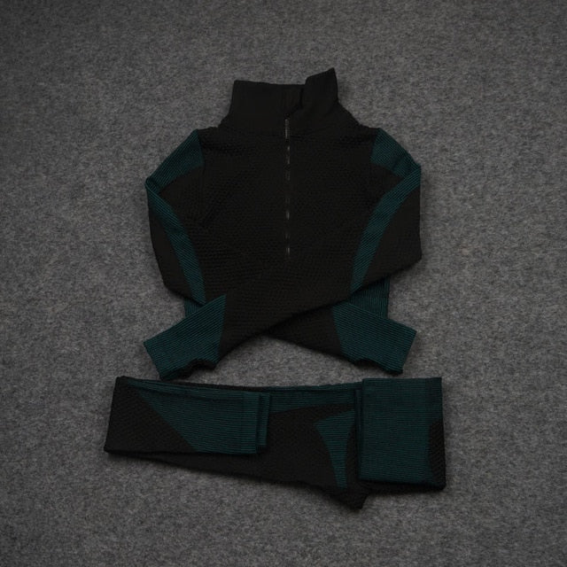 Women Yoga 2/3PCS Seamless Zipper Yoga Suit GYM Workout Sportswear Fitness Clothing Fitness Long Sleeve Top High Waist Set-7