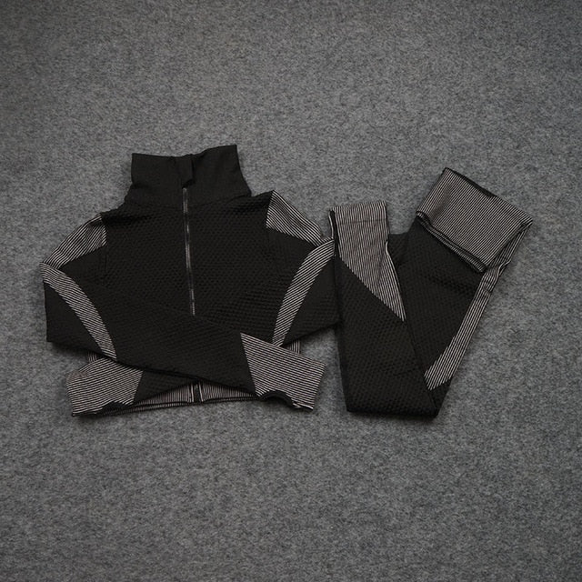 Women Yoga 2/3PCS Seamless Zipper Yoga Suit GYM Workout Sportswear Fitness Clothing Fitness Long Sleeve Top High Waist Set-10