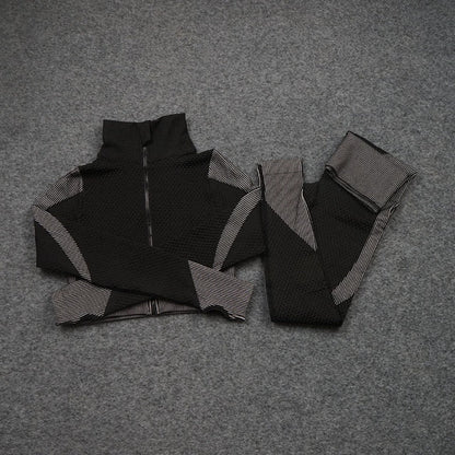 Women Yoga 2/3PCS Seamless Zipper Yoga Suit GYM Workout Sportswear Fitness Clothing Fitness Long Sleeve Top High Waist Set-10