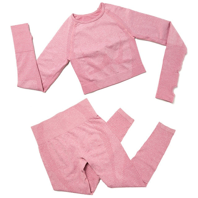 Yoga Set Women 2pcs Sport Suit Gymwear Workout Outfits Long Sleeve Fitness Crop Top High Waist Seamless Leggings Sportswear-7