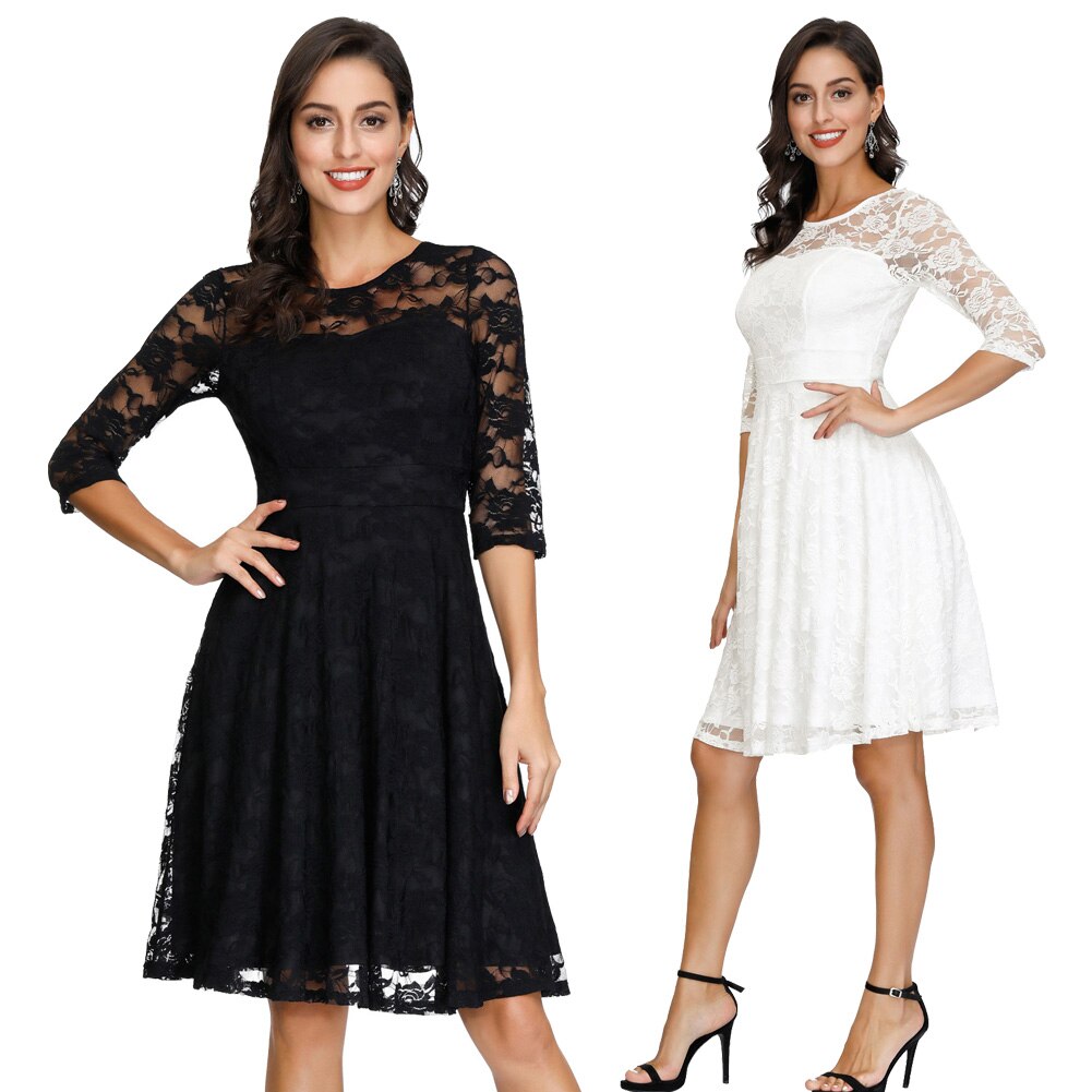 Summer Women's Dresses Floral Lace Dress Sexy 3/4 Sleeve Crew Neck V-Back A-Line Dresses Solid Elegant Retro Knee Length Female-0