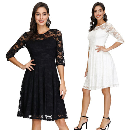 Summer Women's Dresses Floral Lace Dress Sexy 3/4 Sleeve Crew Neck V-Back A-Line Dresses Solid Elegant Retro Knee Length Female-0