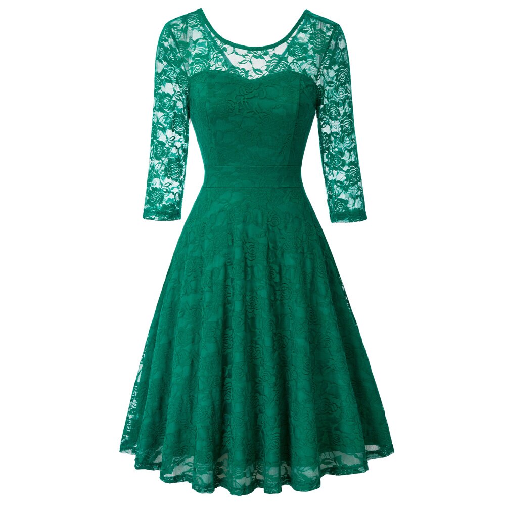 Summer Women's Dresses Floral Lace Dress Sexy 3/4 Sleeve Crew Neck V-Back A-Line Dresses Solid Elegant Retro Knee Length Female-1