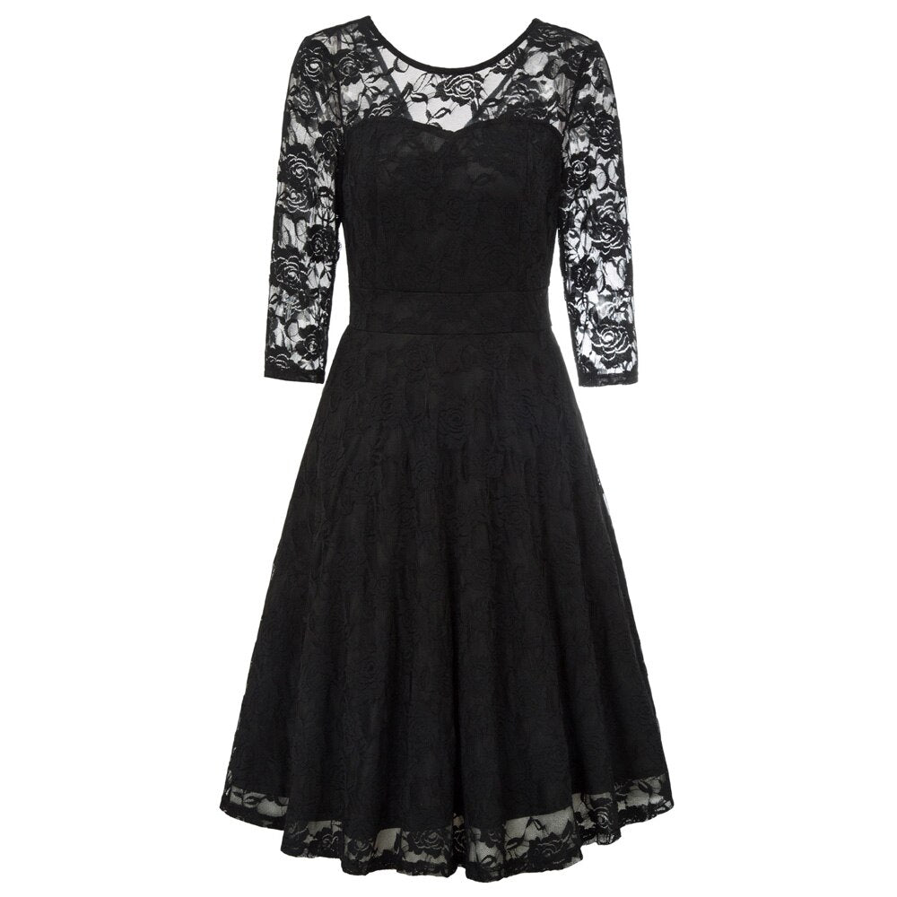 Summer Women's Dresses Floral Lace Dress Sexy 3/4 Sleeve Crew Neck V-Back A-Line Dresses Solid Elegant Retro Knee Length Female-3