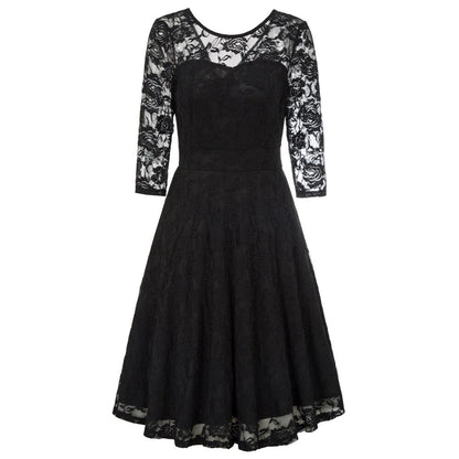 Summer Women's Dresses Floral Lace Dress Sexy 3/4 Sleeve Crew Neck V-Back A-Line Dresses Solid Elegant Retro Knee Length Female-3