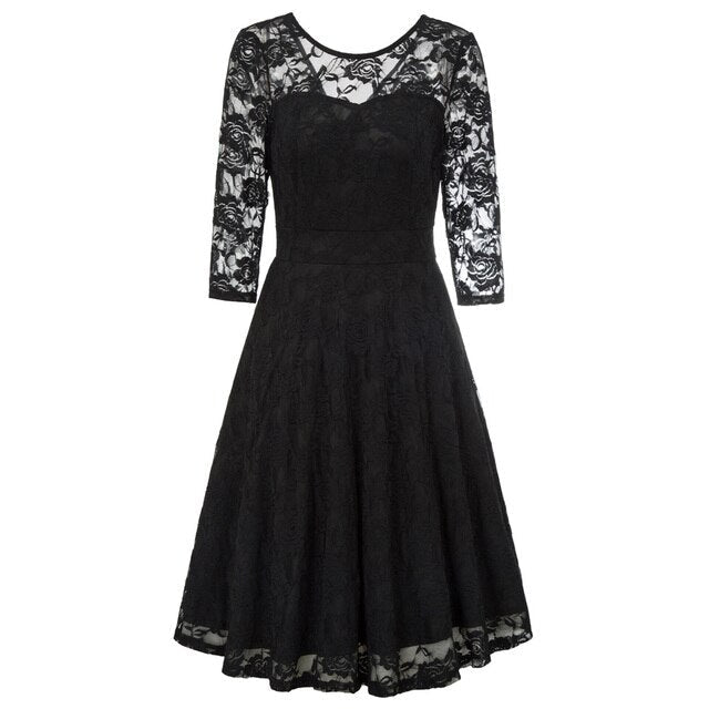 Summer Women's Dresses Floral Lace Dress Sexy 3/4 Sleeve Crew Neck V-Back A-Line Dresses Solid Elegant Retro Knee Length Female-2