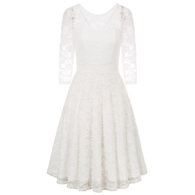 Summer Women's Dresses Floral Lace Dress Sexy 3/4 Sleeve Crew Neck V-Back A-Line Dresses Solid Elegant Retro Knee Length Female-5