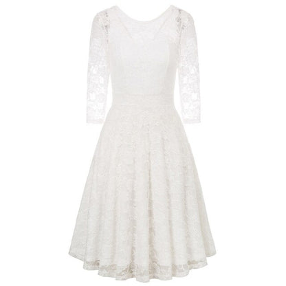 Summer Women's Dresses Floral Lace Dress Sexy 3/4 Sleeve Crew Neck V-Back A-Line Dresses Solid Elegant Retro Knee Length Female-5