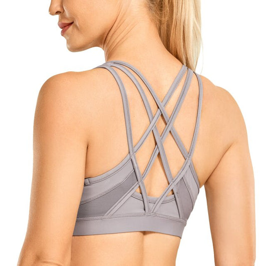 Women's Strappy Sports Bras V Neck Medium Impact Wirefree Padded Yoga Bras with Built in Bra